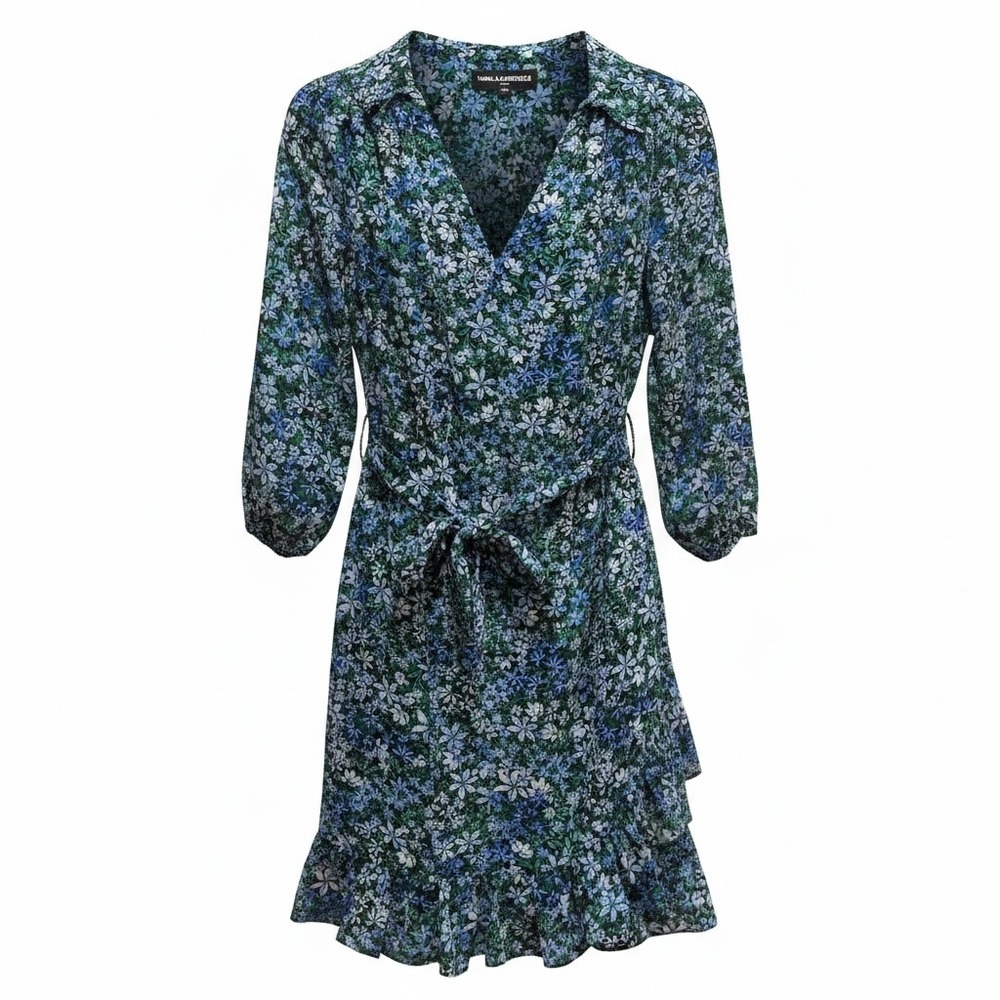 #32 Karl Lagerfeld Faux Wrap Dress 18" PTP Womens Sz. 6 Blue Floral Ruffle Hem